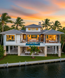 A house elevated on stilts, illustrating elevating your home for flood protection.