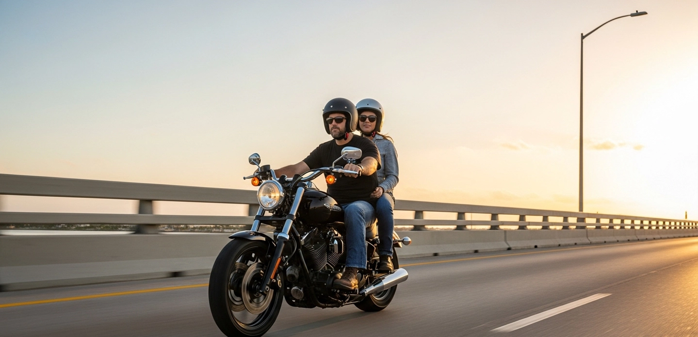 Hero image of a motorcycle on a scenic road, symbolizing personalized motorcycle insurance.